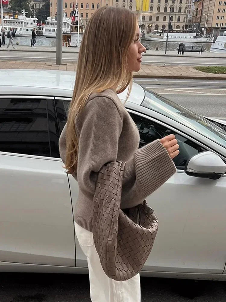 Gitana - Grijze Gebreide V-Hals Geribbelde Manchet Vrouwen Vest Lange Rechte Mouw Enkele Rij Knopen Zachte Trui Herfst Chique Casual Gebreide Kleding